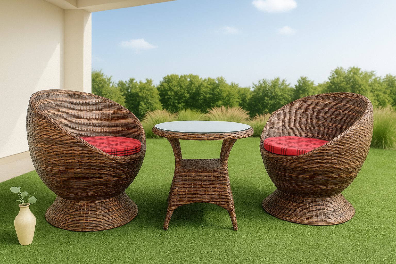 2-Seater Globe Rattan Lounge Set � with Curved Glass-Top Table